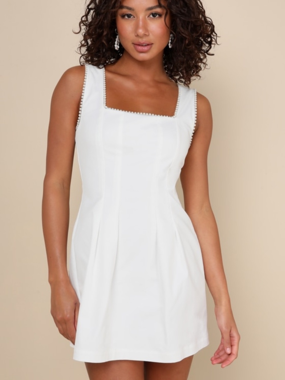 Lulus Pure Hearted White Pearl Square Neck Sleeveless Mini Dress - Size S